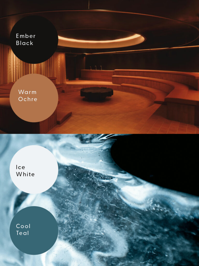 Brand identity design development for Arc Community – a hybrid social & wellness venue. Interior design by Cake Architecture. Interior photography by Felix Speller. Colour palette design development for Arc Community, communal contrast therapy club. Interior design by Cake Architecture. Interior photography by Felix Speller. Colour palette design.