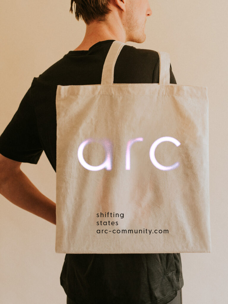 Brand identity design development for Arc Community – a hybrid social & wellness venue. Brand identity design development for Arc Community, communal contrast therapy club. Tote bag design.