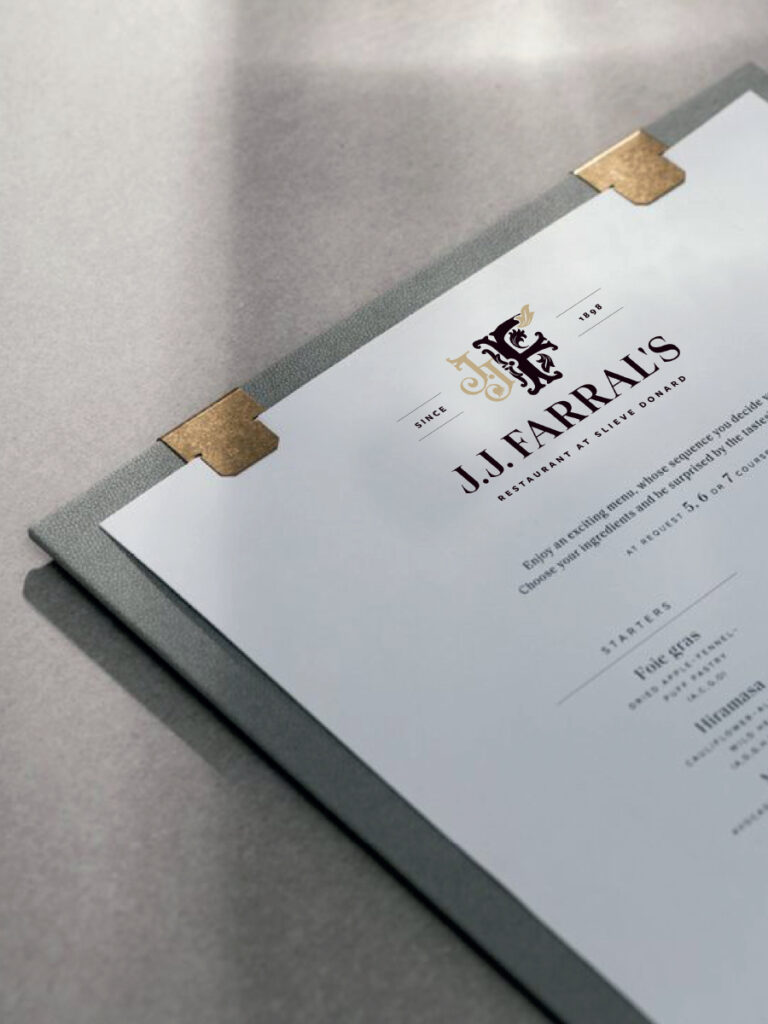 J.J. Farrall's Restaurant, Slieve Donard – Marine and Lawn Hotels and Resorts. Menu design. Brand identity design.